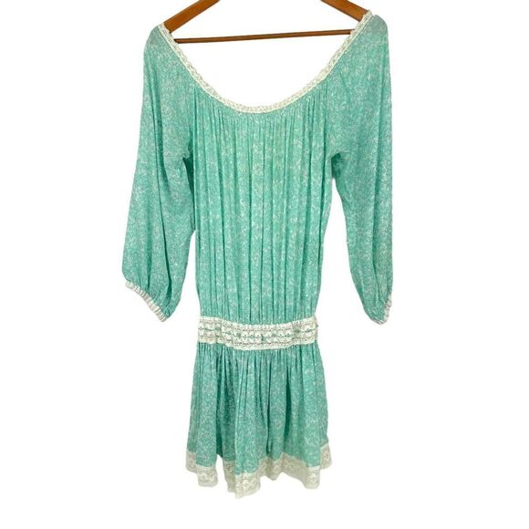 Poupette St Barth Off the Shoulder Light Green Floral and Lace Mini Dress XS - Picture 7 of 7